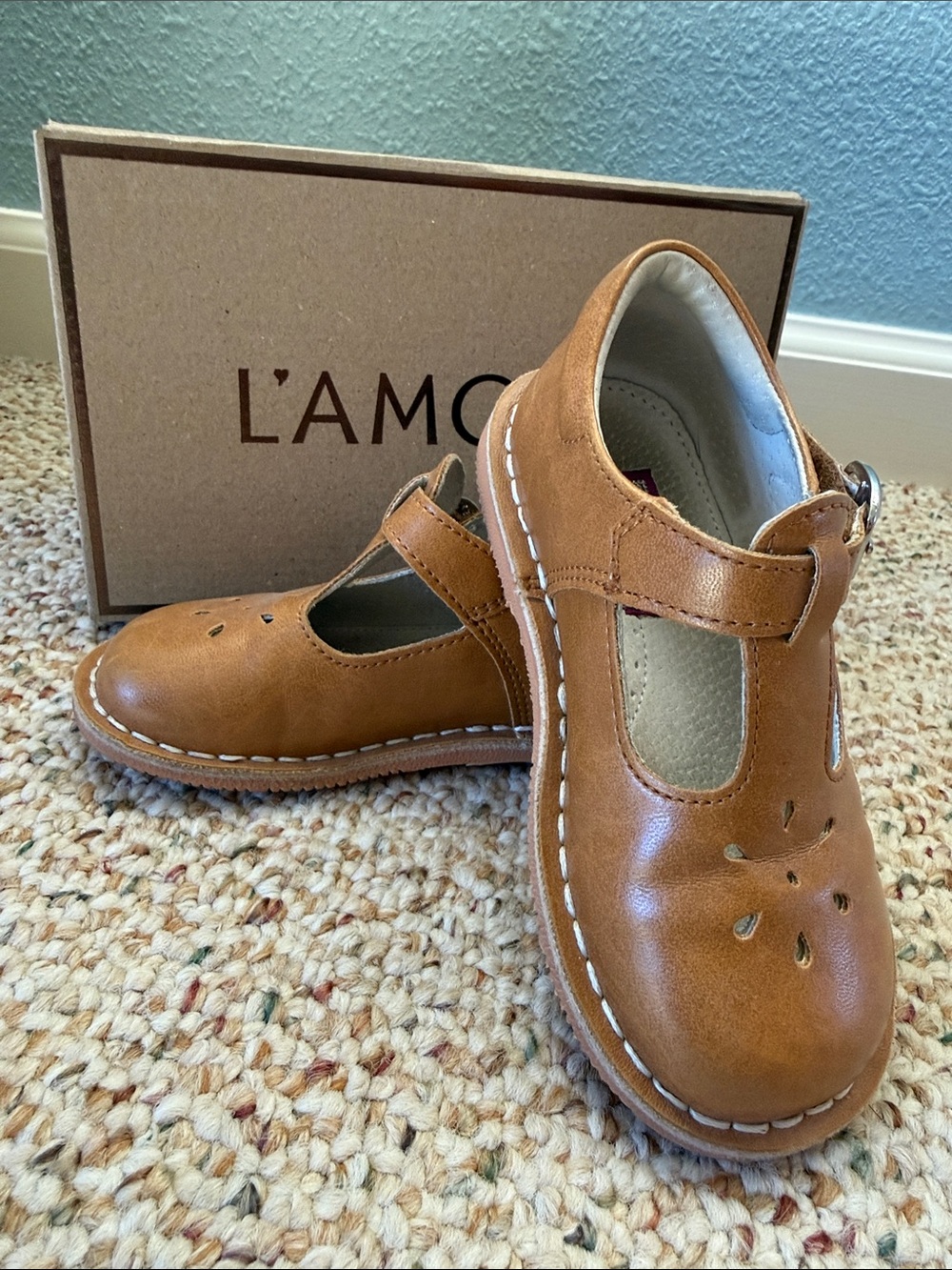 L'Amour Kids Tan Leather T-Strap Mary Janes